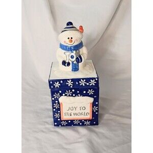 Joy To The World Blue And White Snowman Candy Cookie Jar Houston Harvest